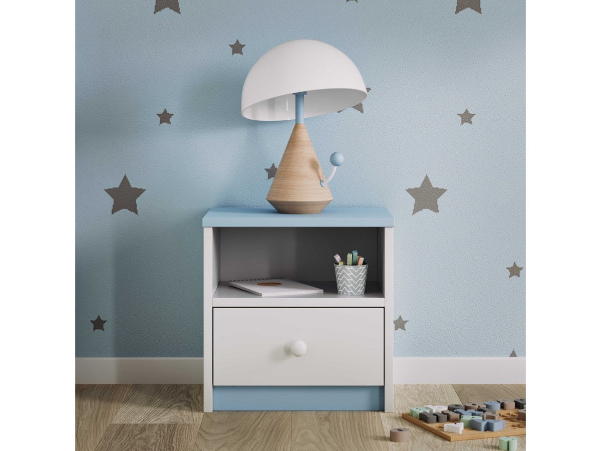 Blue Babydreams bedside table in star-themed kids' room with lamp