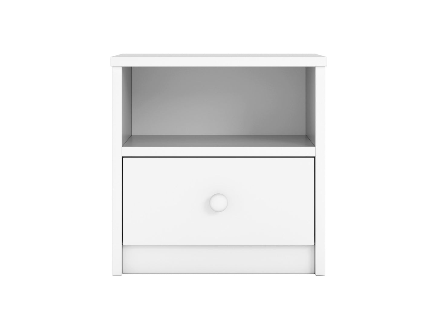 White Babydreams bedside table with open shelf and drawer storage