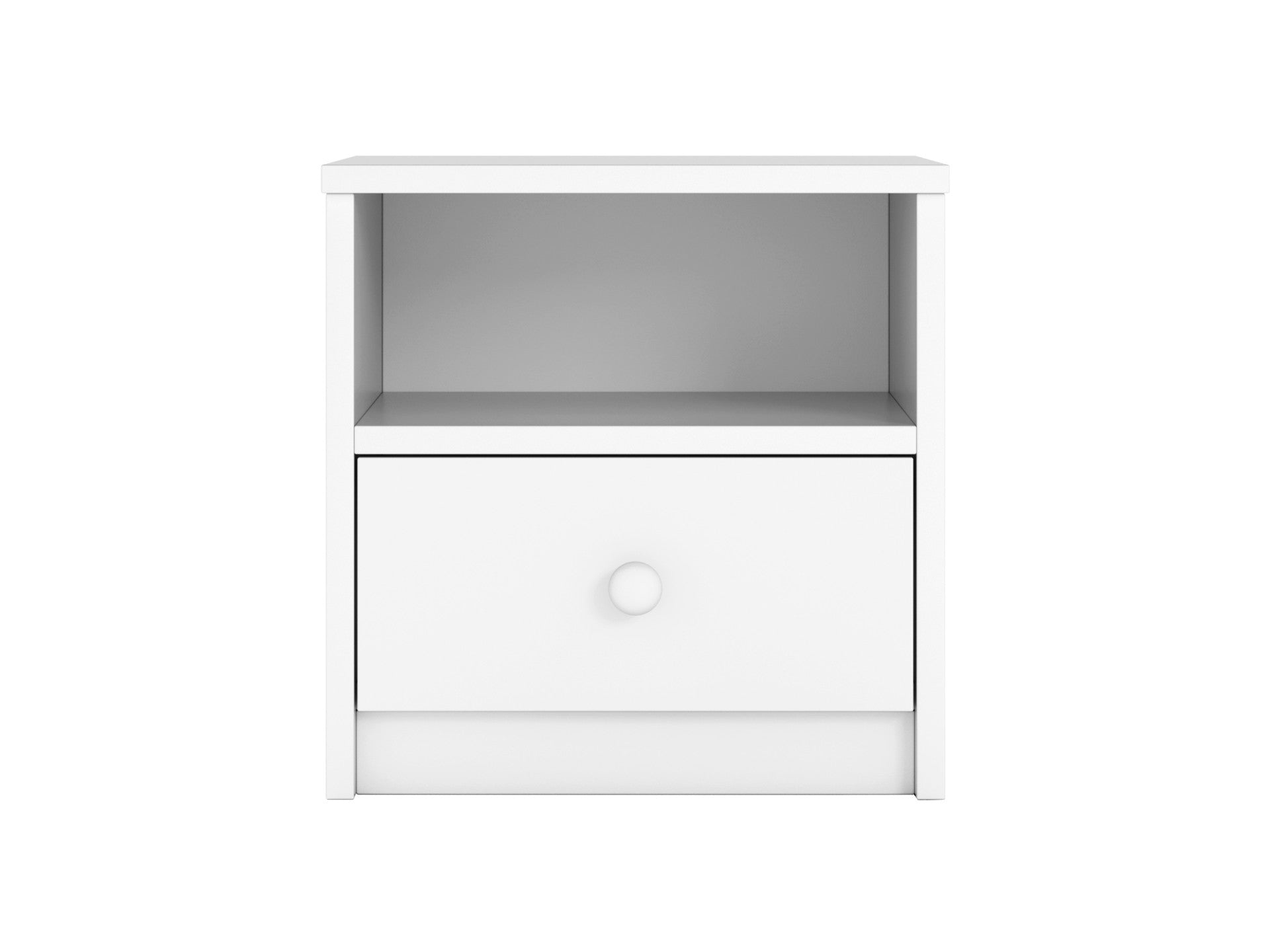 White Babydreams bedside table with open shelf and drawer storage