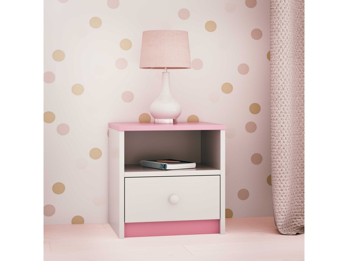 Pink and white Babydreams nightstand with lamp and open shelf storage