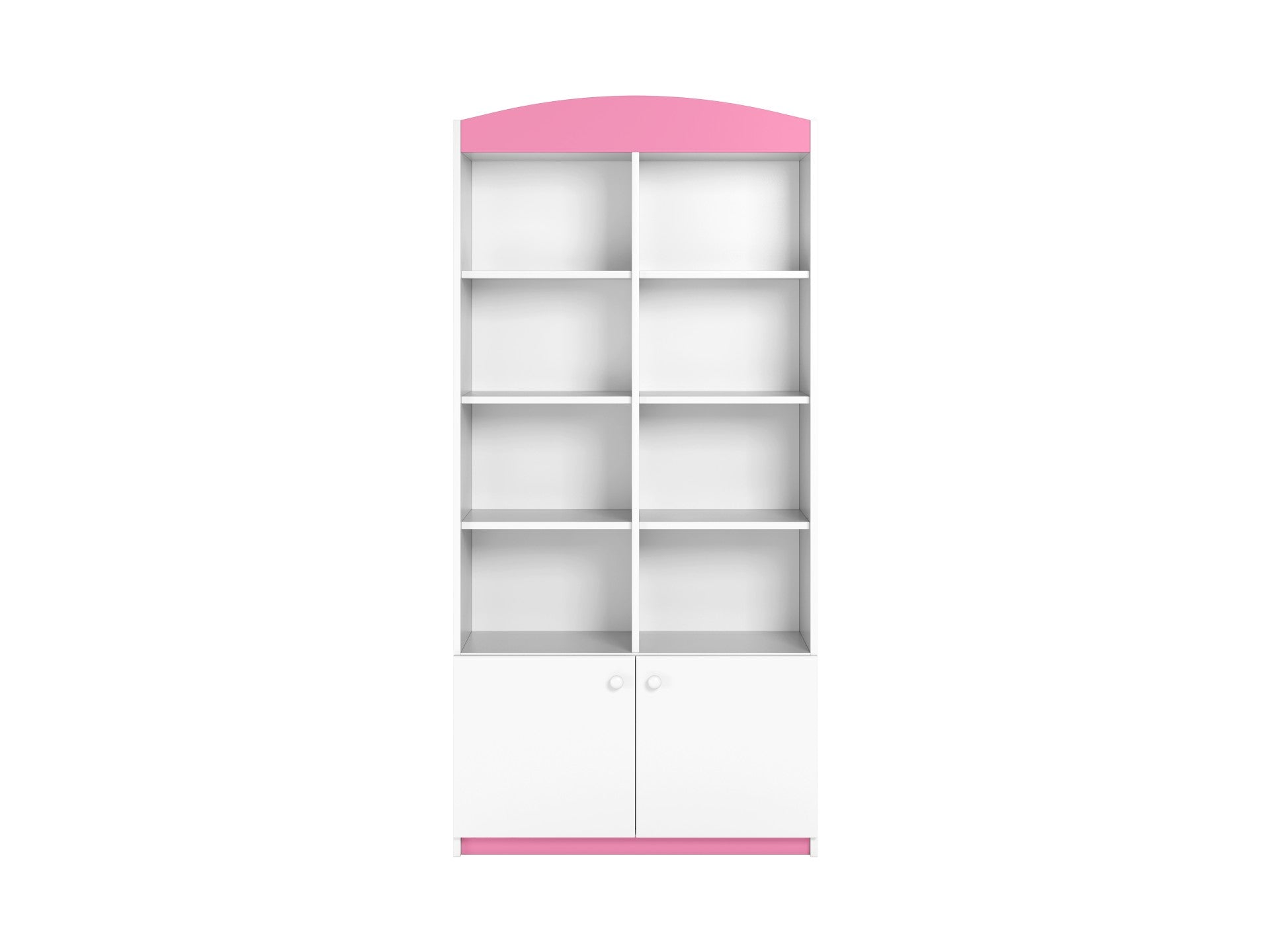Pink and white double shelf kids storage unit with rounded top and soft-close cabinet doors