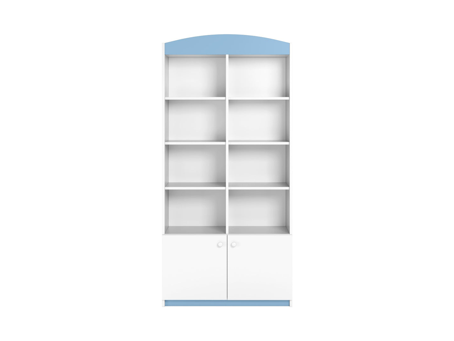 Blue and white double shelf kids storage unit with rounded top and soft-close cabinet doors