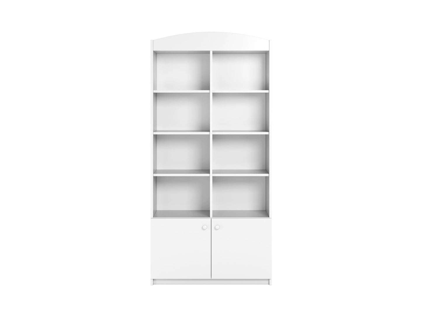 White kids storage shelf with ten open compartments and two closed doors, front view, neutral design