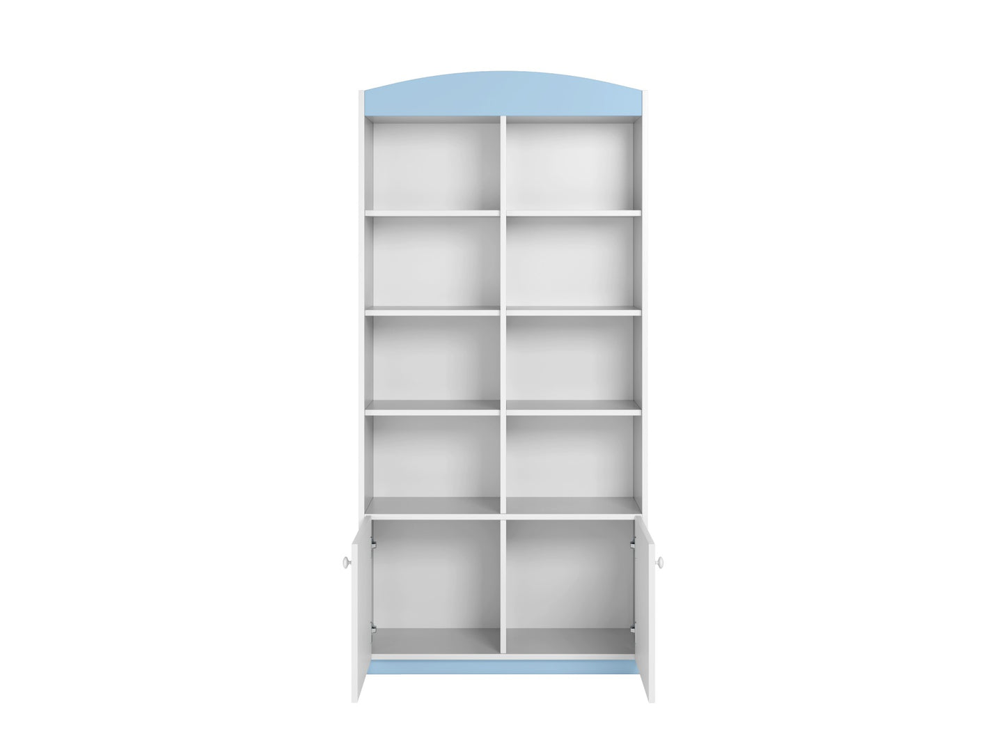 Blue and white double shelf kids storage unit with rounded top displaying open and closed shelving