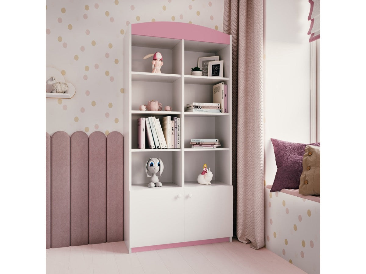 Pink Babydreams shelf in a styled girls bedroom with rounded top and mixed open and closed storage