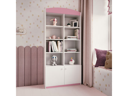 Pink Babydreams shelf in a styled girls bedroom with rounded top and mixed open and closed storage