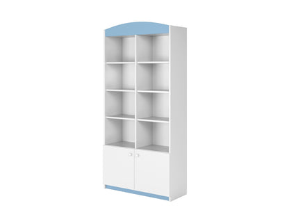 Blue and white kids storage shelf side angle showing rounded top and lower closed cabinet section
