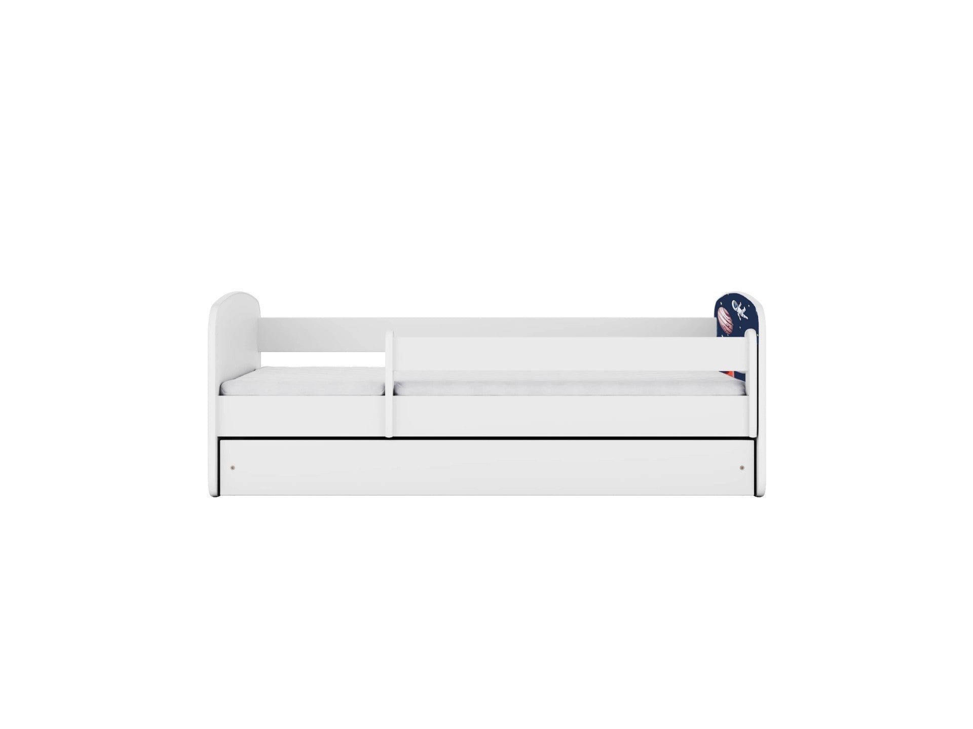 White kids bed with removable cosmos print side guard and storage drawer, top view