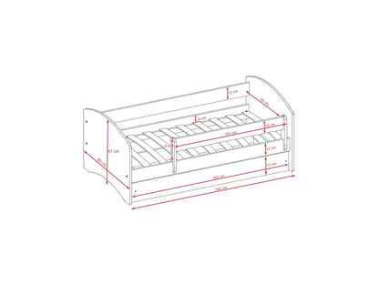 Dimensions diagram of children's bed showing measurements for length, width, height and drawer depth