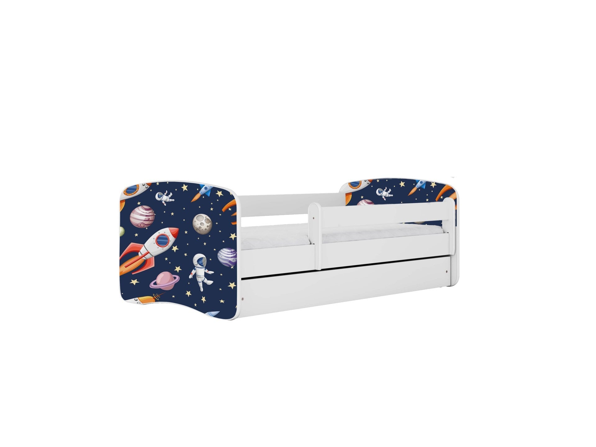 White children's bed with cosmos print side guard and two closed storage drawers