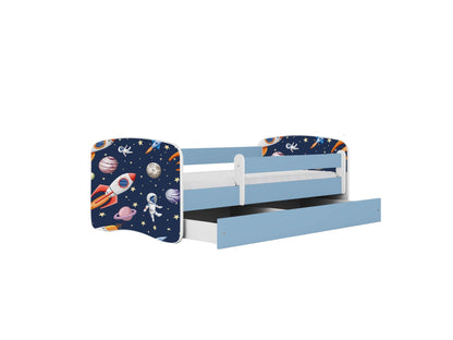 Cosmos print children's bed with blue frame, white guardrail and single storage drawer