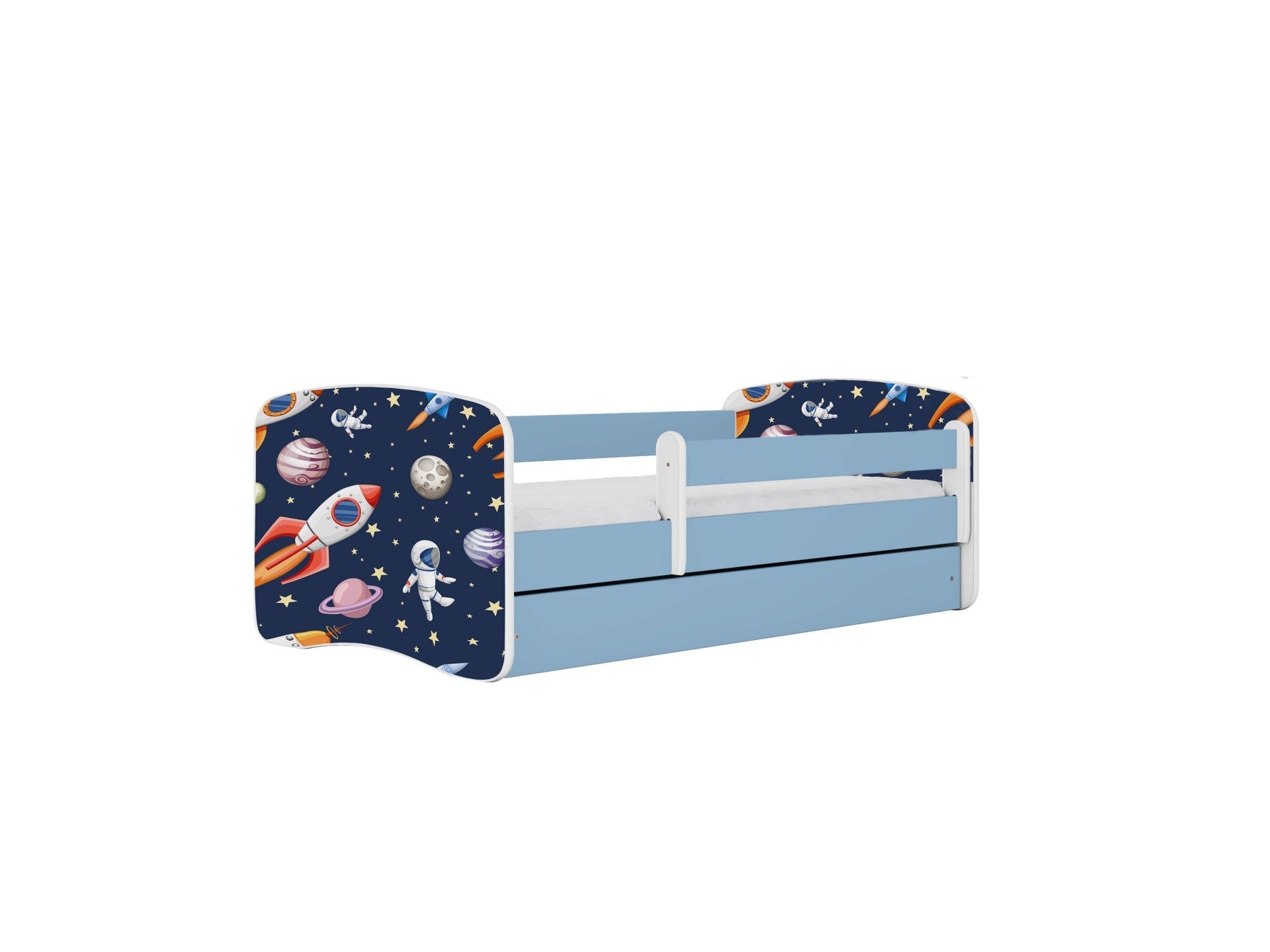 Cosmos print kids bed with blue frame, white guardrail and two storage drawers stacked