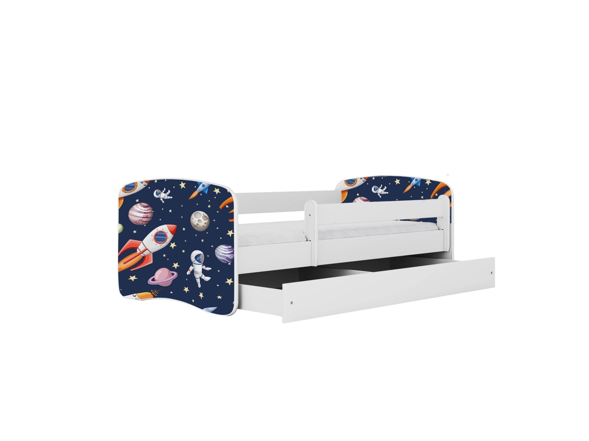 White children's bed with cosmos print headboard, guardrail and pull-out storage drawer open