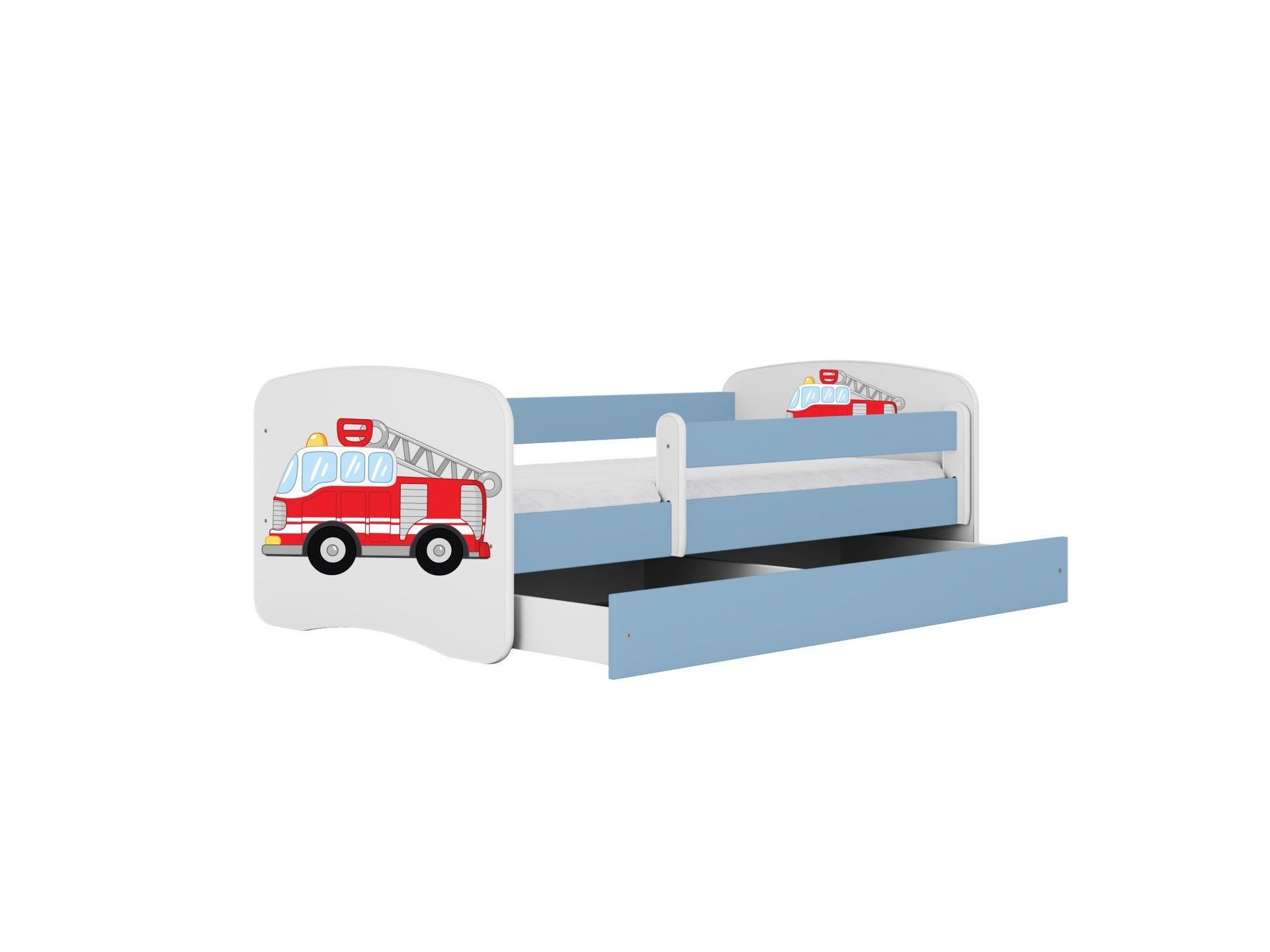 Fire truck toddler bed with blue drawer and white guardrail, angled view