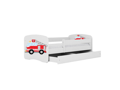 White fire truck children's bed with guardrail and pull-out storage drawer