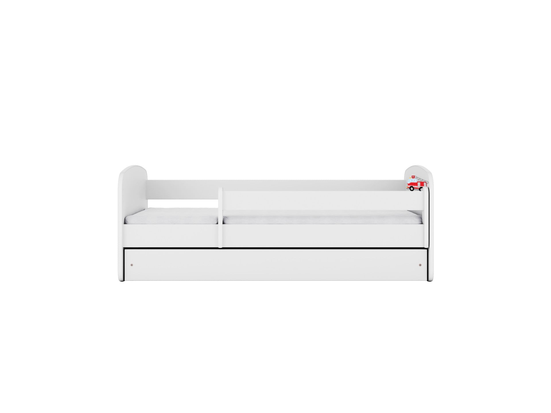 Fire truck bed front view showing white frame with safety guardrail and headboard