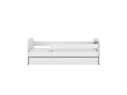 Fire truck bed front view showing white frame with safety guardrail and headboard
