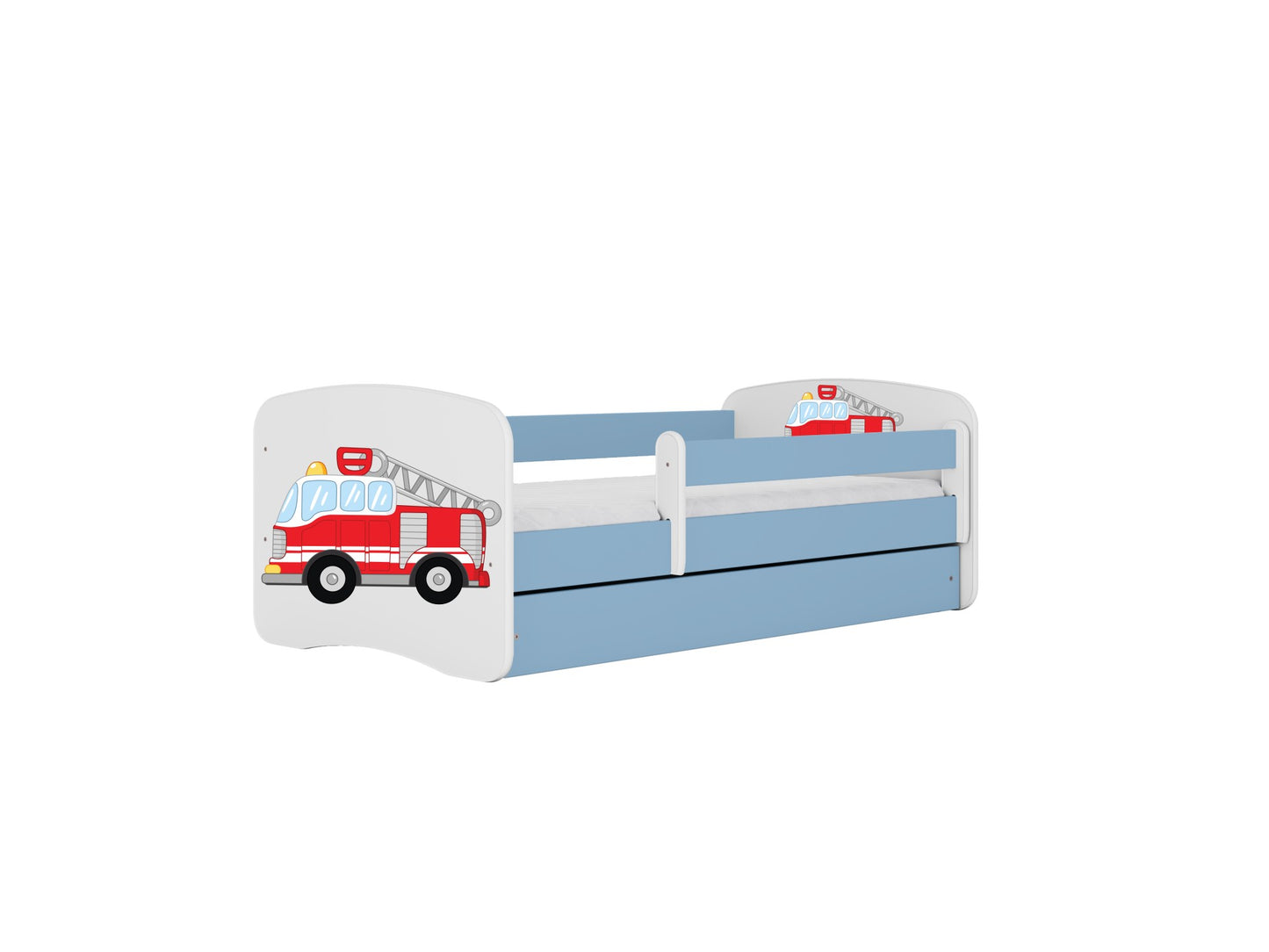 Fire truck children's bed with blue sides, white guardrail and storage drawer