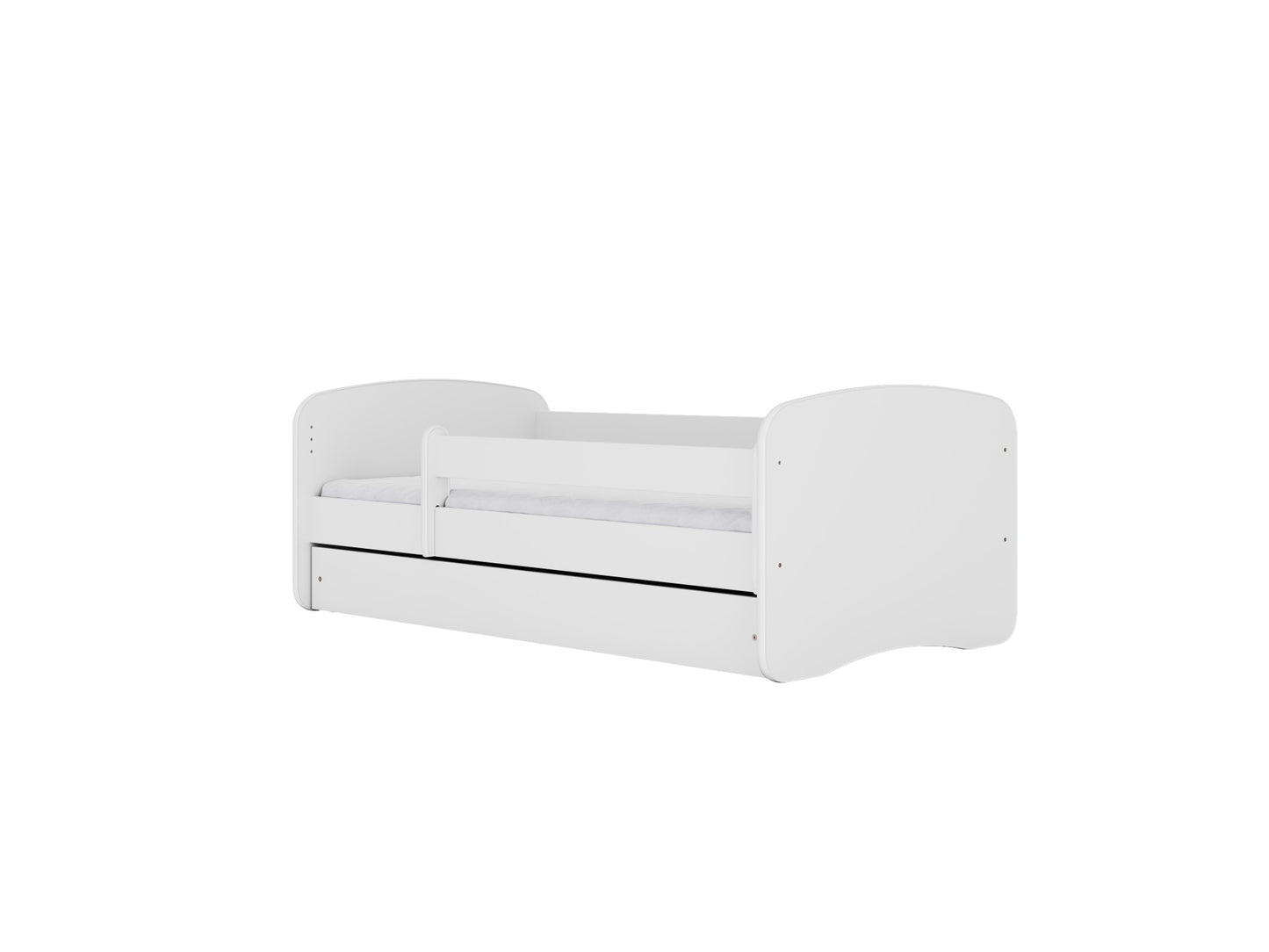 White children's bed with removable guardrail and storage drawer compartment