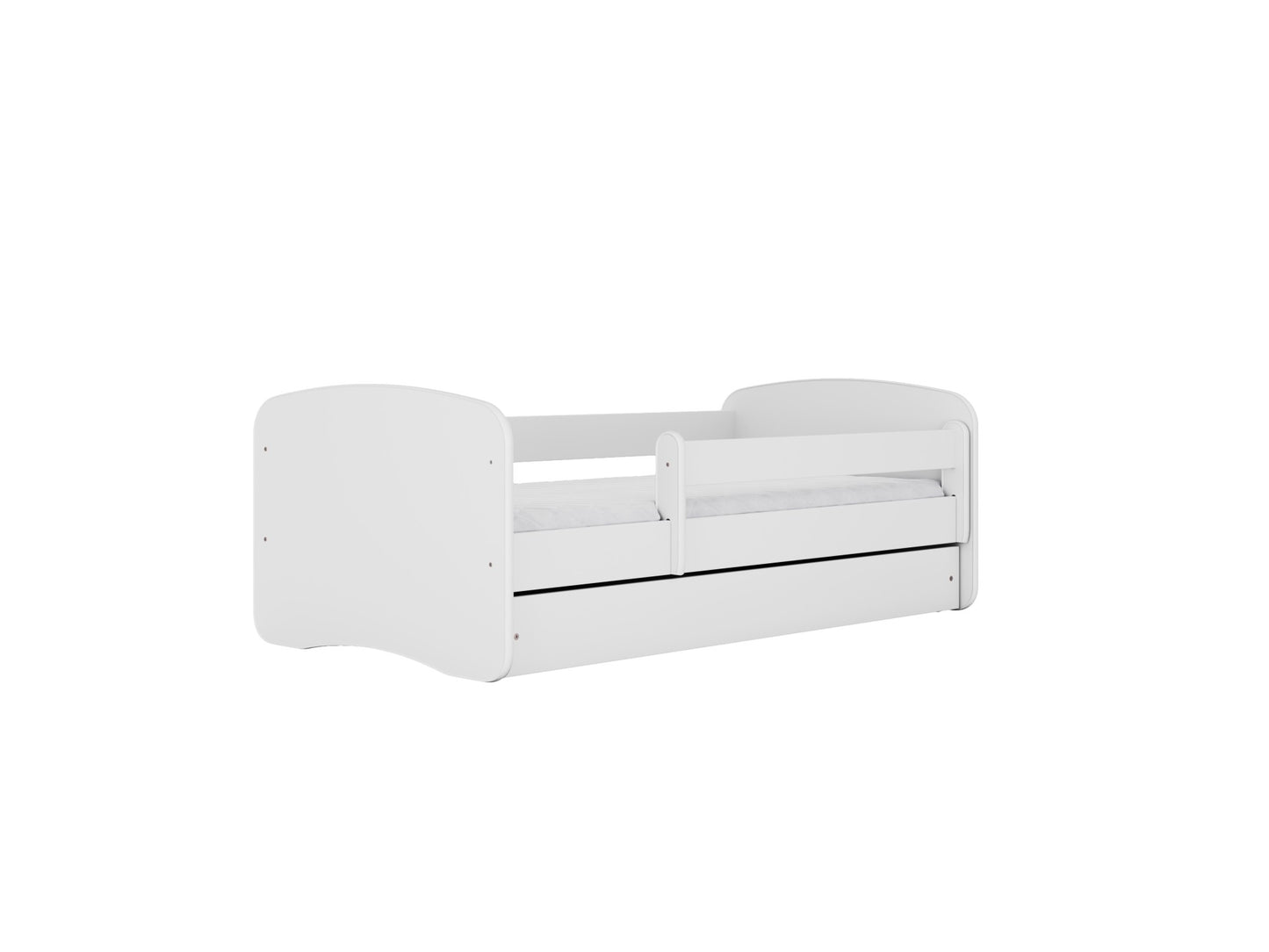 All-white children's bed with guardrail and storage drawer