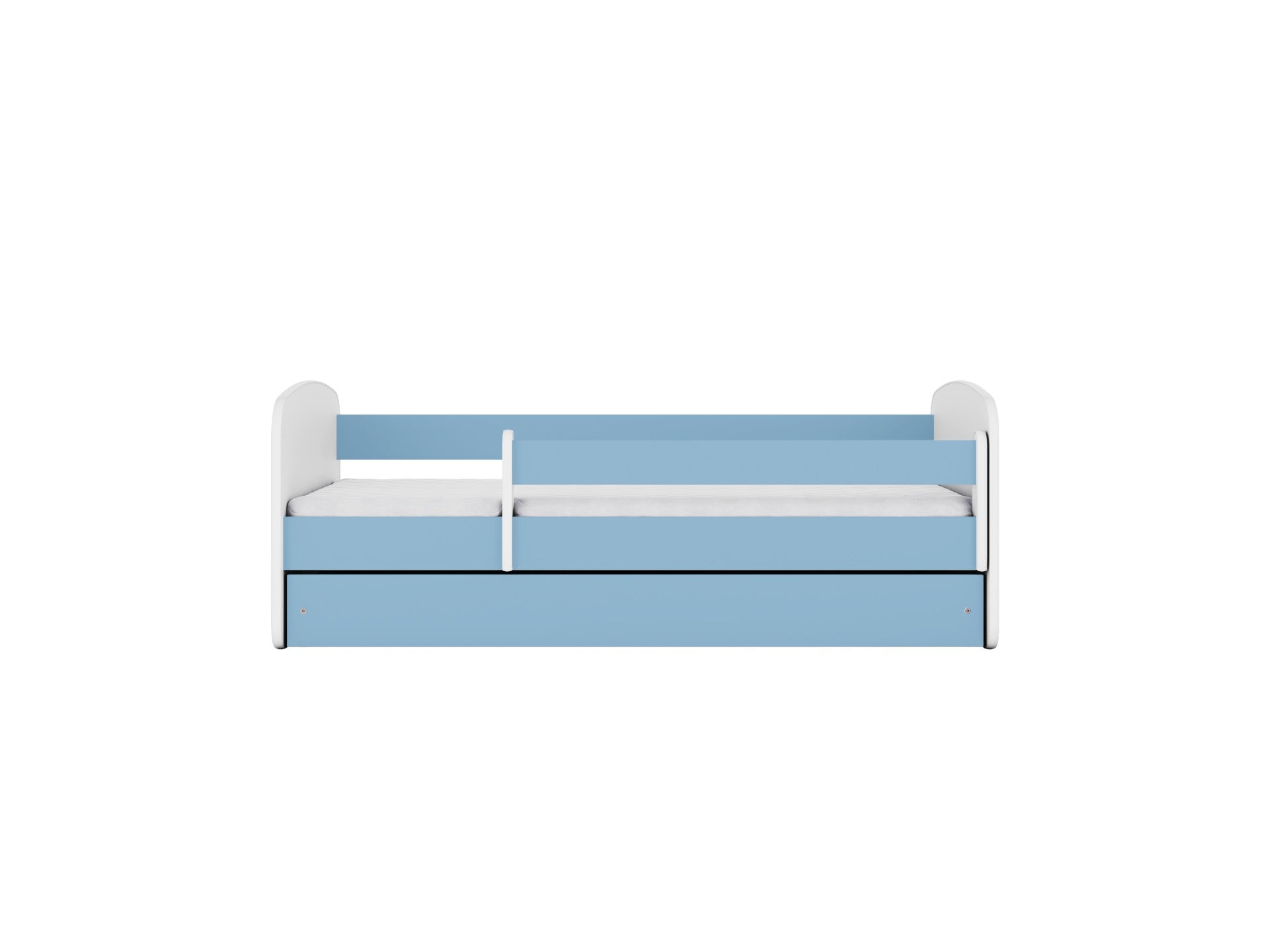 Blue children's bed front view showing guardrail and birch slat frame