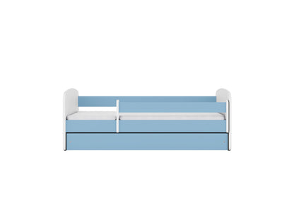 Blue children's bed front view showing guardrail and birch slat frame