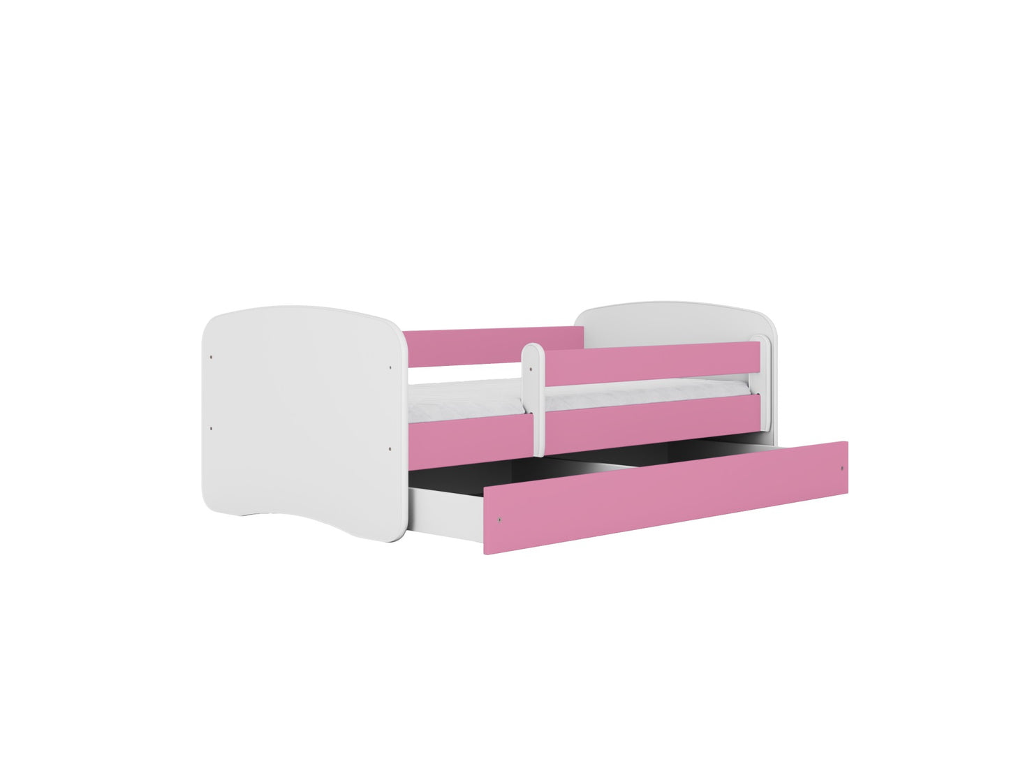 Pink children's bed with extended storage drawer pulled out