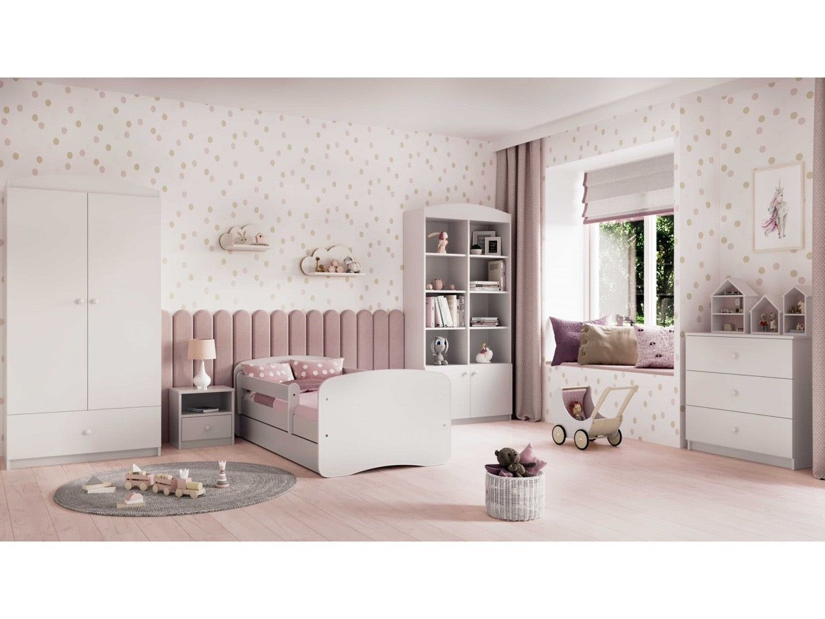 Complete pink children's bedroom set with bed, wardrobe and shelving