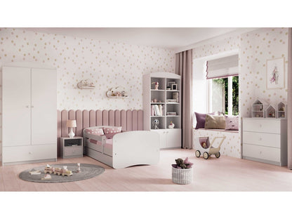 Complete pink children's bedroom set with bed, wardrobe and shelving