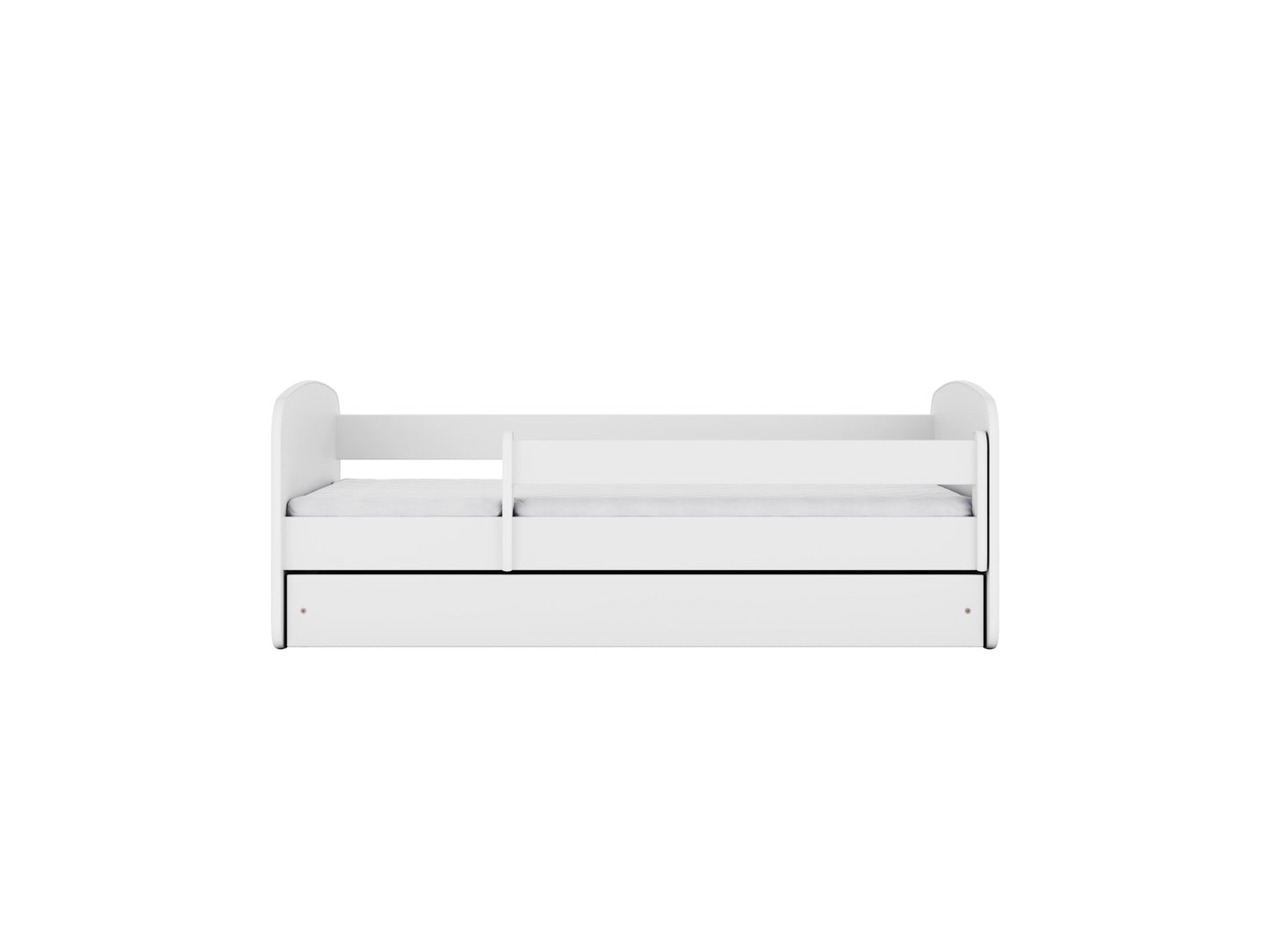 White children's bed front view with guardrail and storage drawer