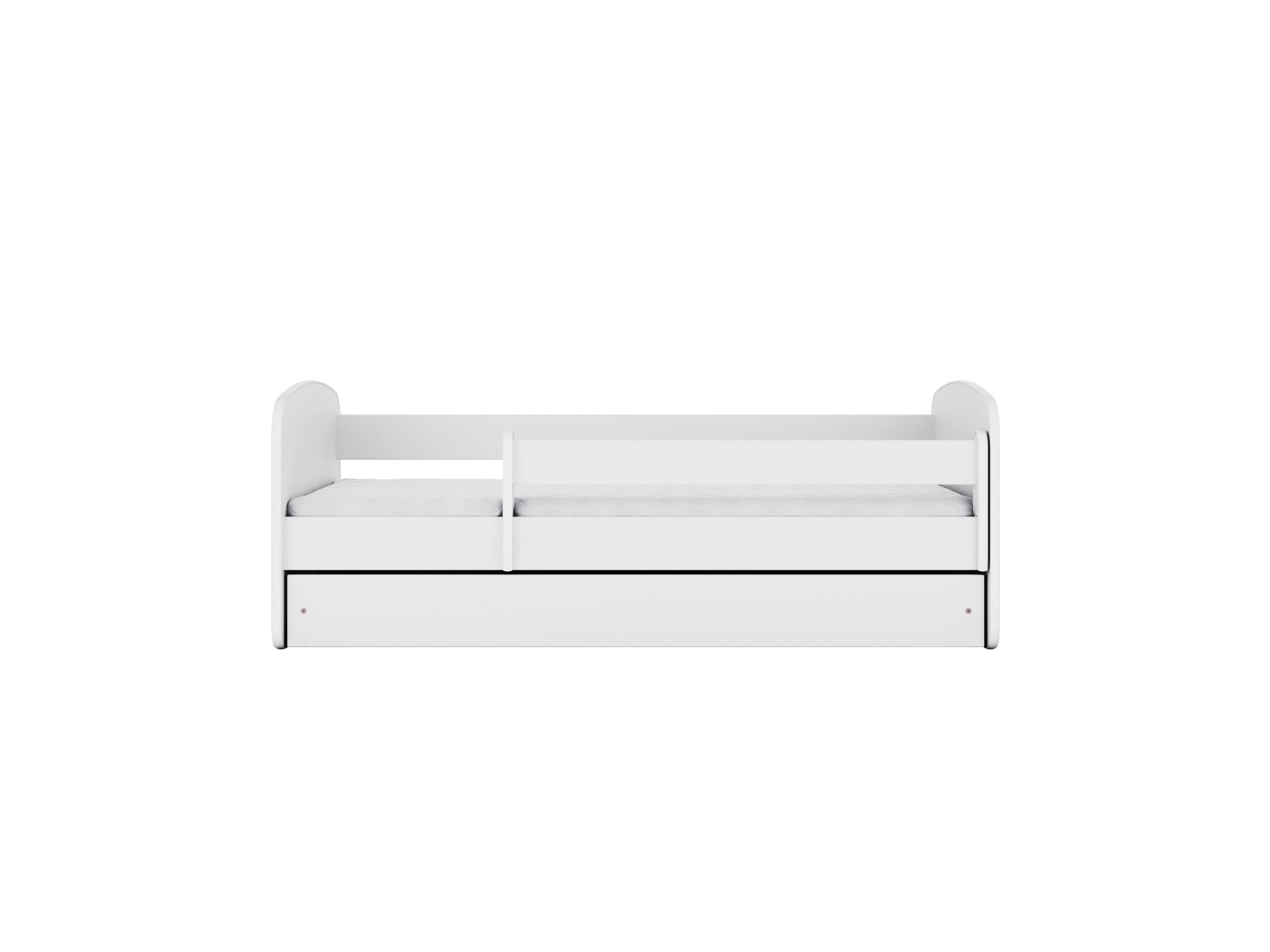 White children's bed front view with guardrail and storage drawer