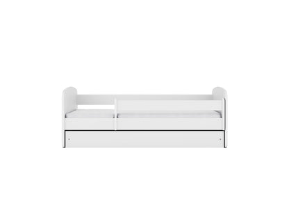 White children's bed front view with guardrail and storage drawer