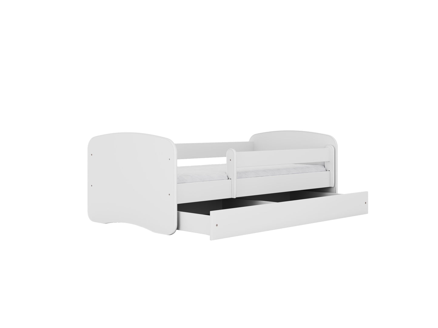 White children's bed side view with guardrail and pull-out storage drawer