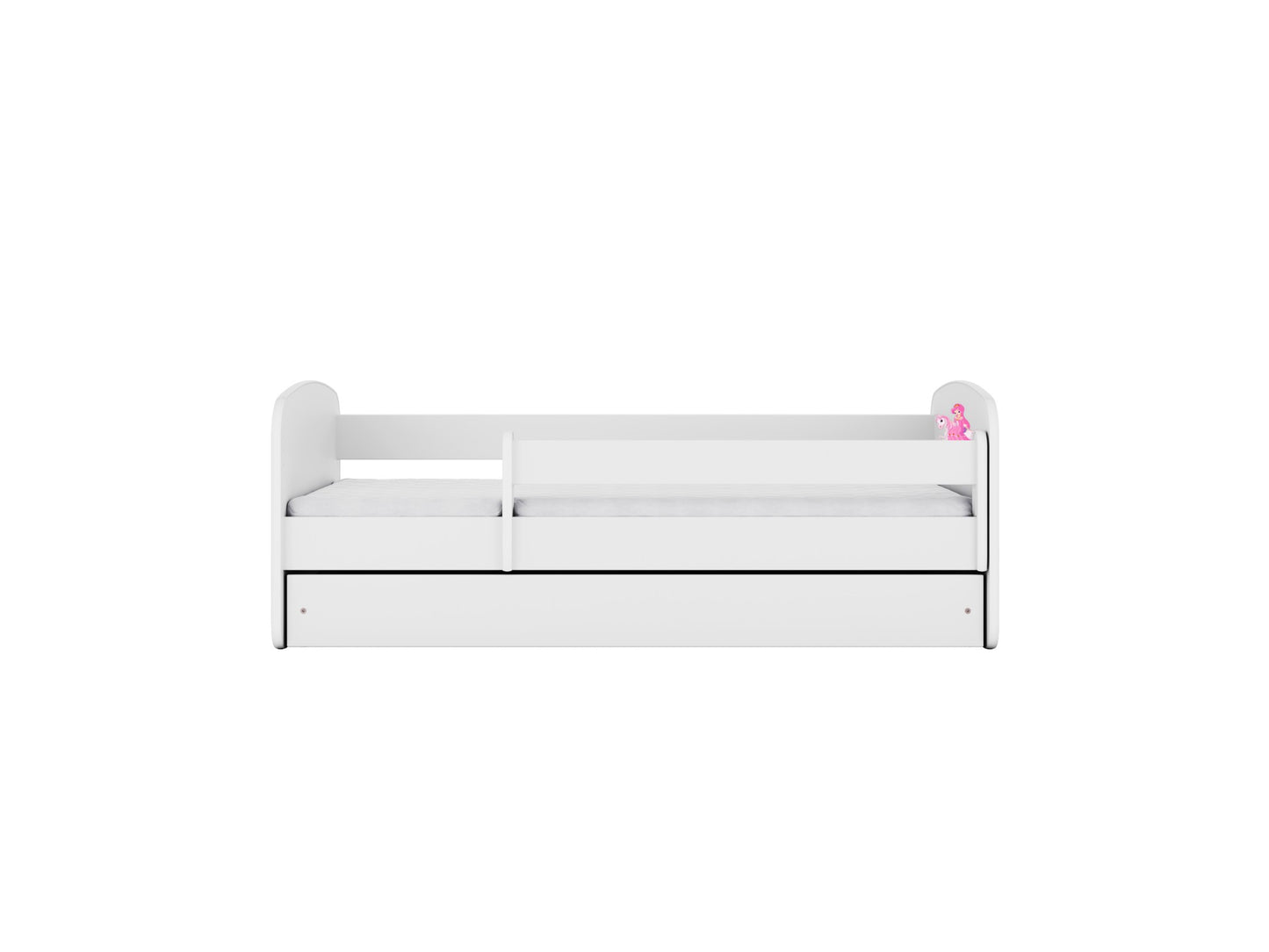 White princess bed with removable guardrail and underbed storage drawer, side view