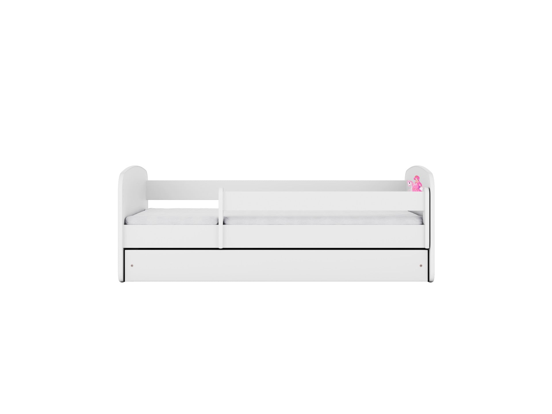 White princess bed with removable guardrail and underbed storage drawer, side view