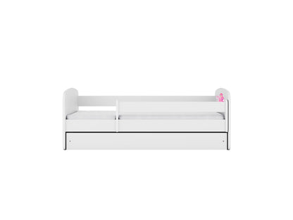 White princess bed with removable guardrail and underbed storage drawer, side view
