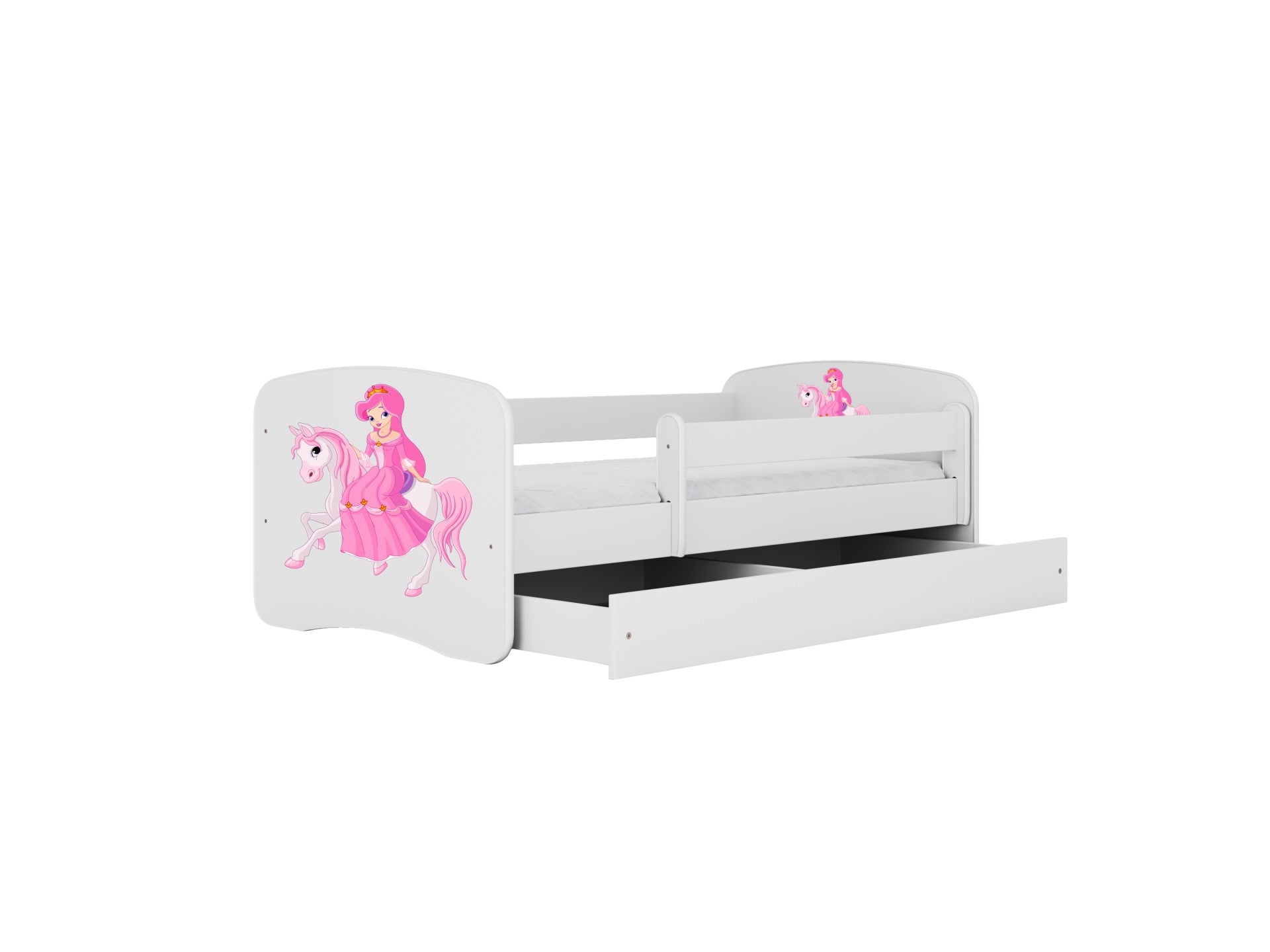 White and pink princess bed with pull-out storage drawer and safety guardrails extended