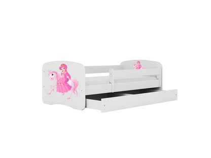 White and pink princess bed with pull-out storage drawer and safety guardrails extended
