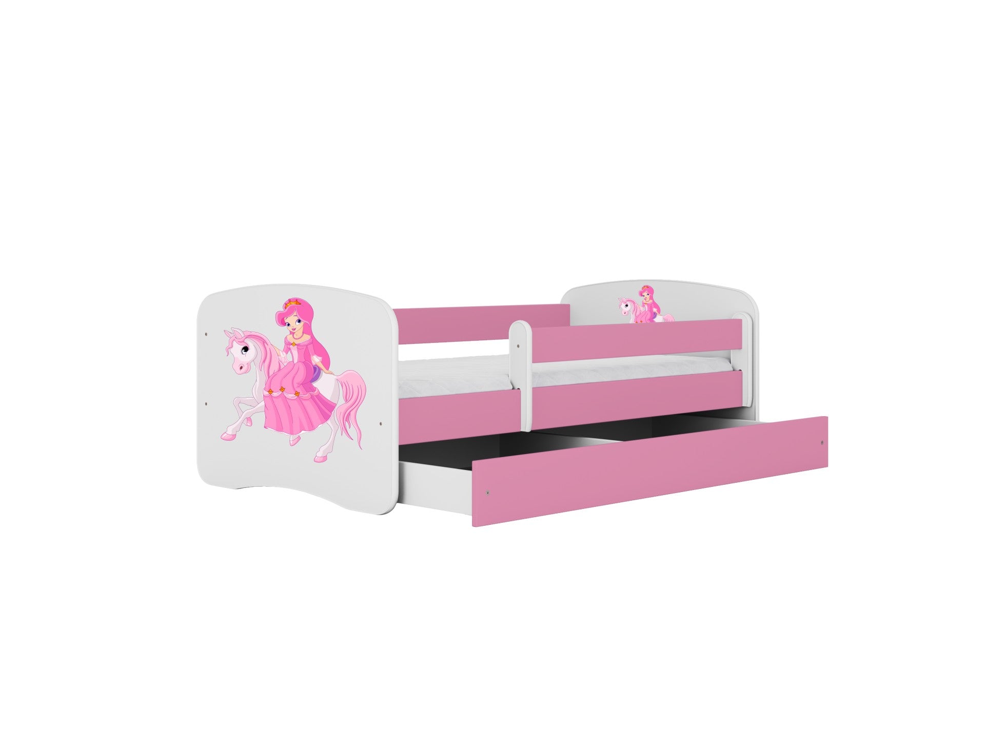 Pink and white princess children's bed with drawer open showing underbed storage space