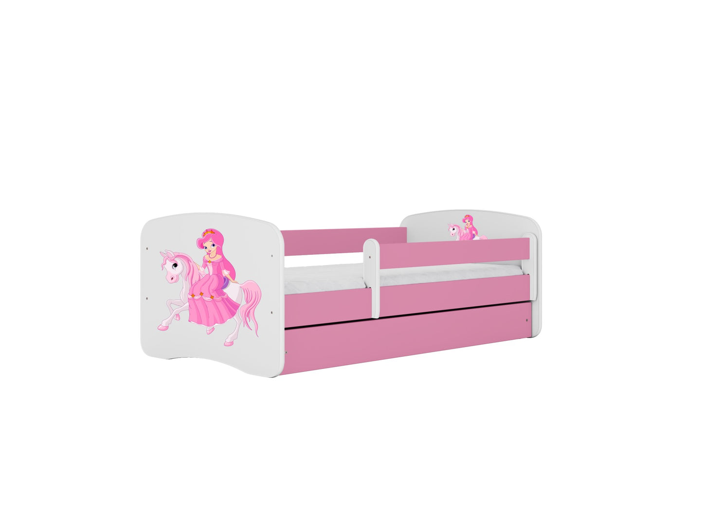 Pink and white princess toddler bed with fairy graphic and safety guardrails, front view