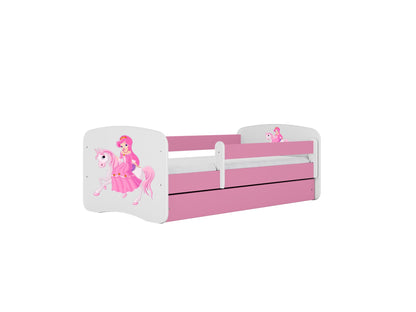 Pink and white princess toddler bed with fairy graphic and safety guardrails, front view