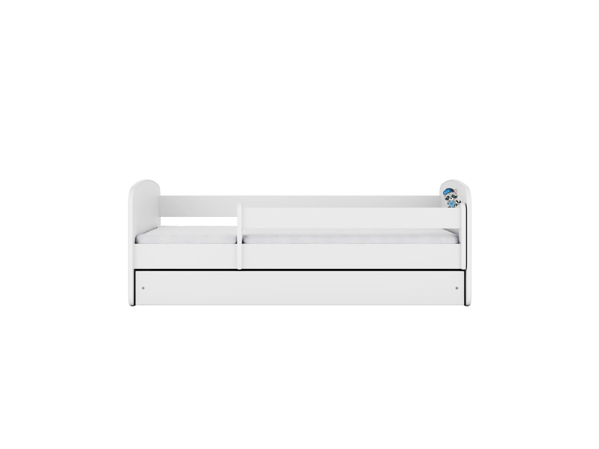 White Babydreams children's bed front view with safety guardrail and storage drawer closed