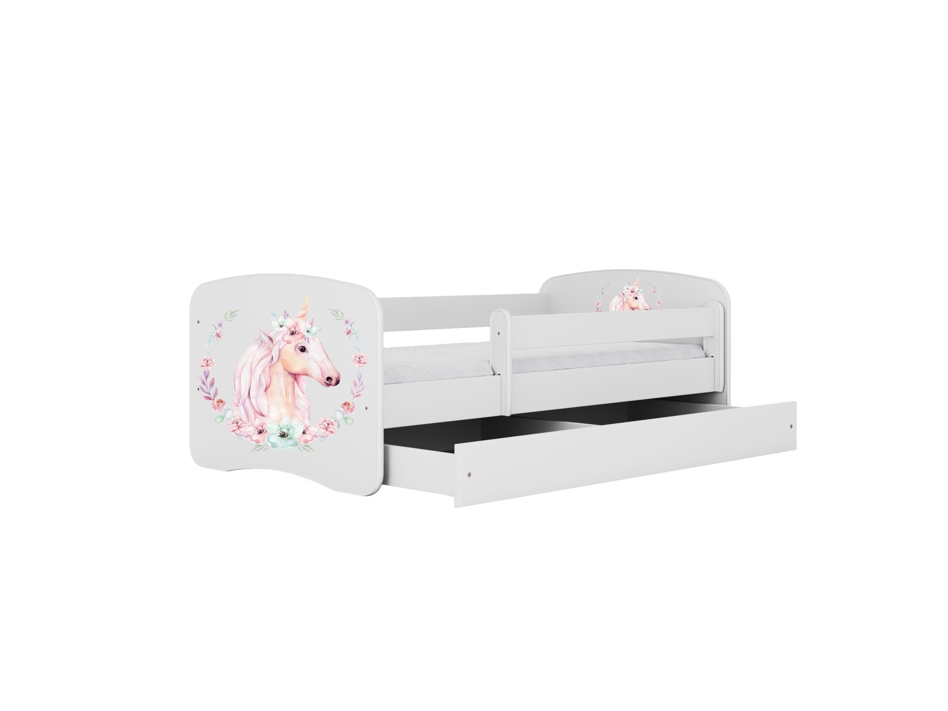 White unicorn toddler bed with pull-out storage drawer and safety railings
