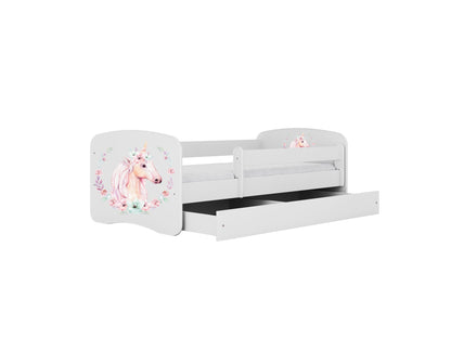 White unicorn toddler bed with pull-out storage drawer and safety railings