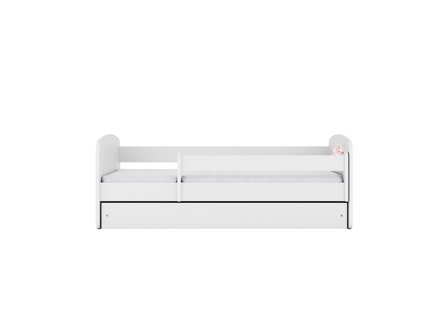 White children's bed viewed from front showing guardrail and storage drawer