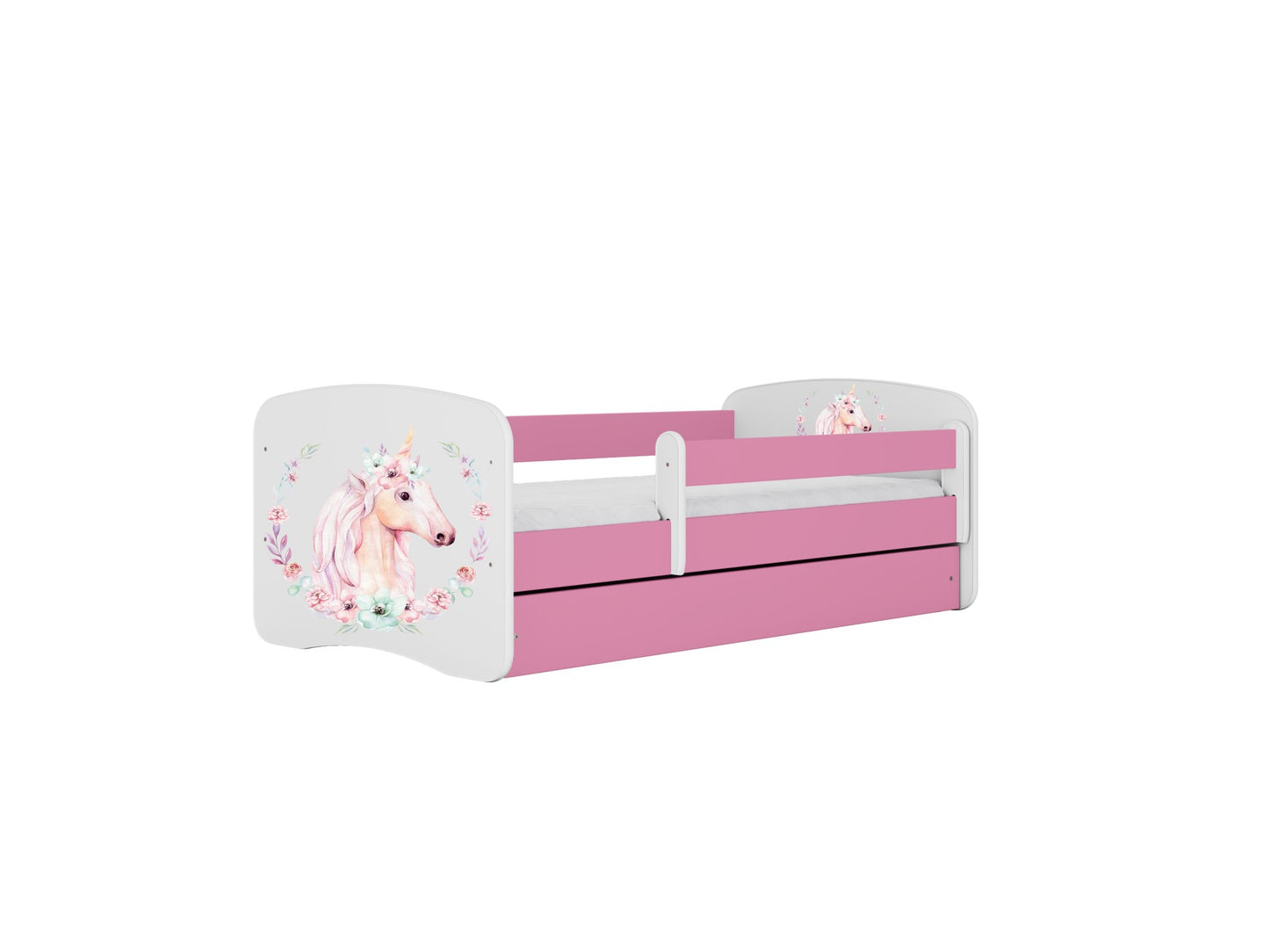 Pink and white unicorn kids bed with pull-out storage drawer and side rails