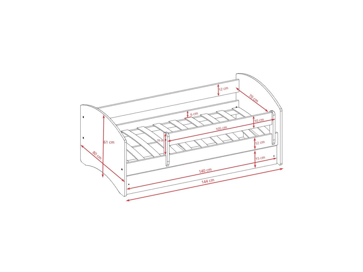 Dimension diagram of unicorn children's bed showing measurements and drawer depth