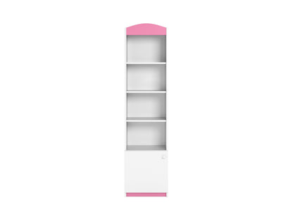 Pink and white single shelf unit front view with four open shelves and lower closed compartment
