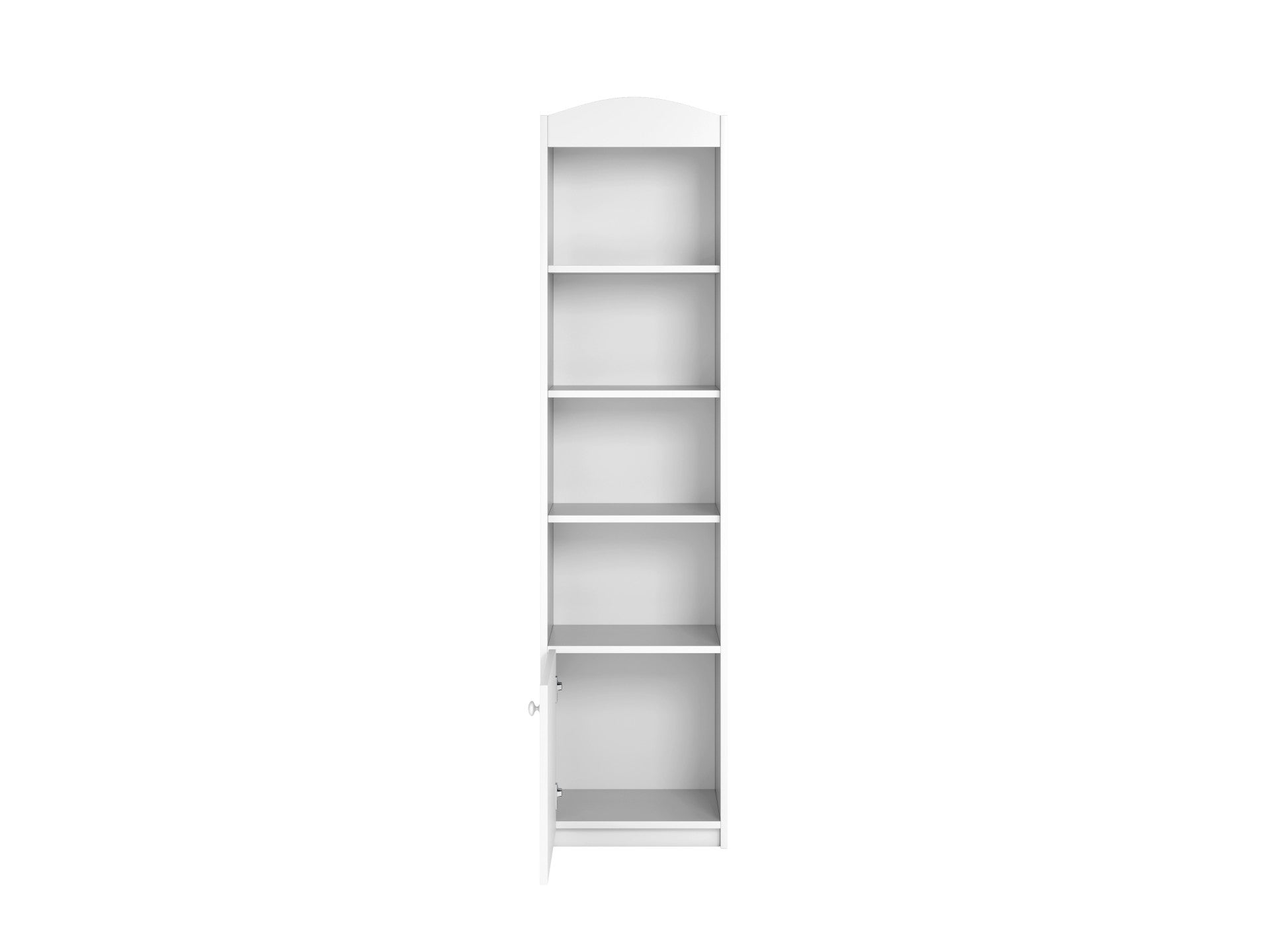 White kids shelf front view showing all five open shelves in neutral color