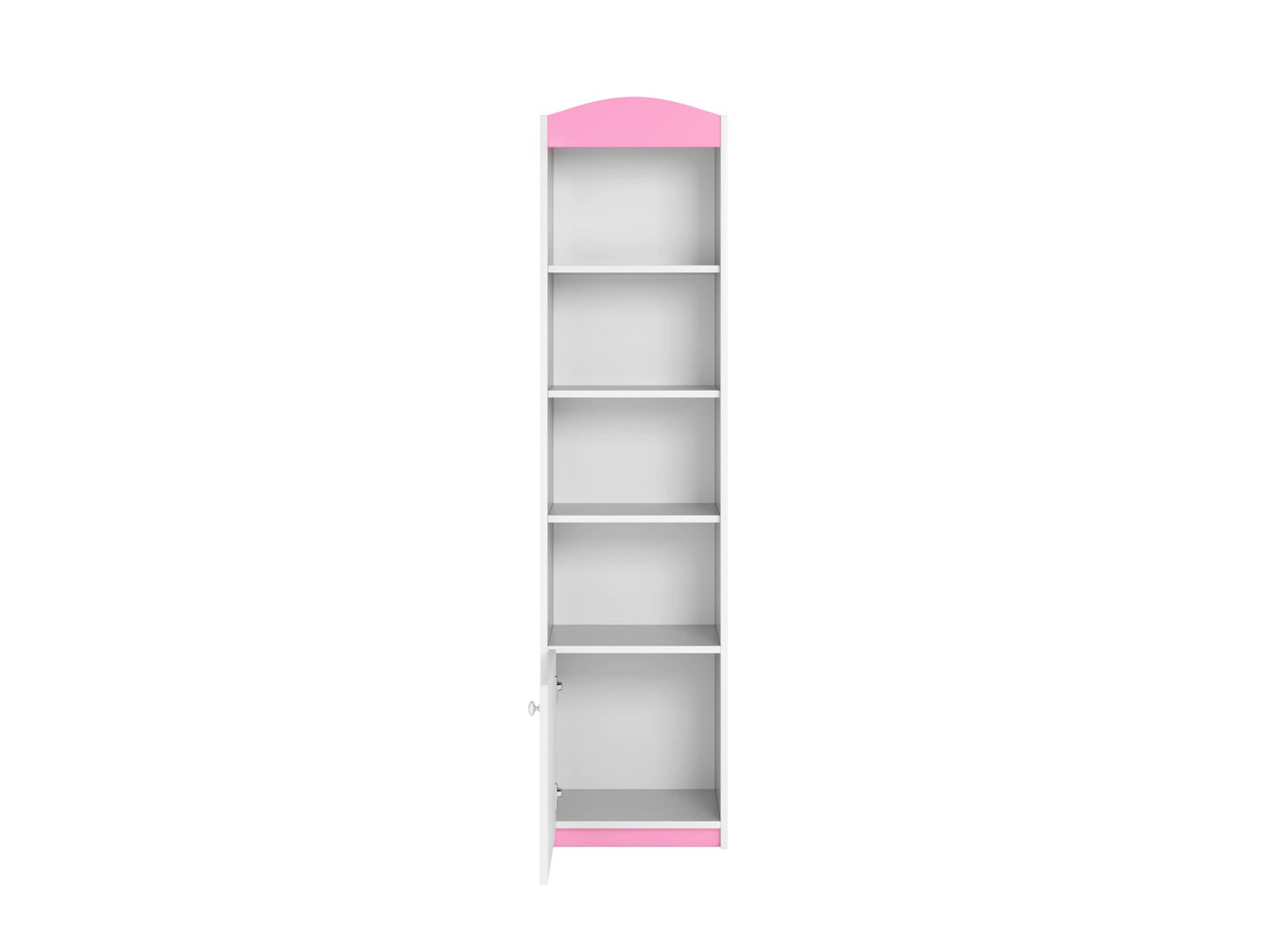 Pink and white tall kids shelf front view with multiple open shelves and closed storage